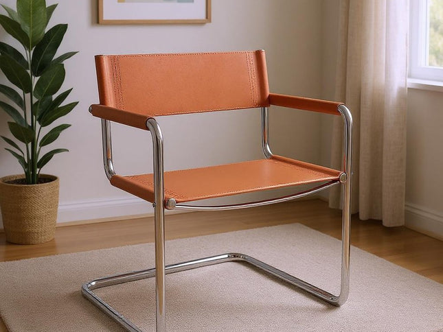 23" Silver And Terra Cotta Leather and Stainless Steel Arm Chair