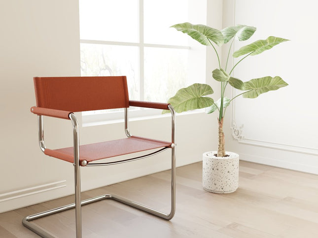 23" Silver And Terra Cotta Leather and Stainless Steel Arm Chair