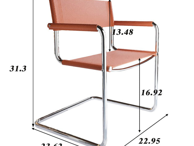 23" Silver And Terra Cotta Leather and Stainless Steel Arm Chair
