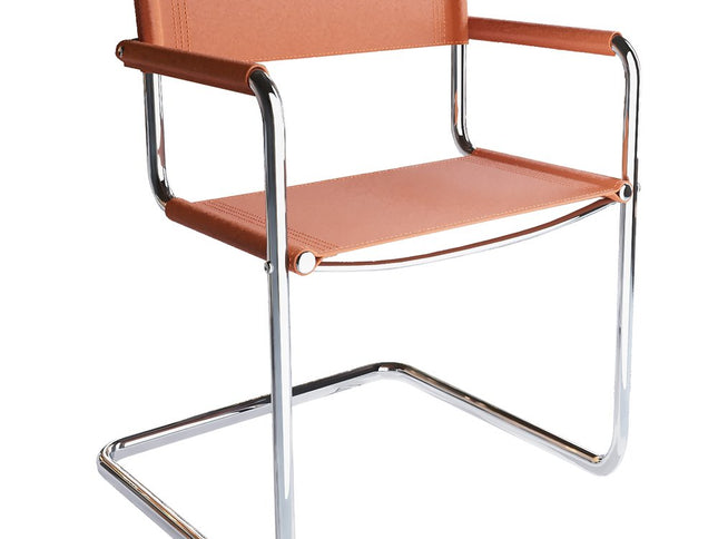 23" Silver And Terra Cotta Leather and Stainless Steel Arm Chair