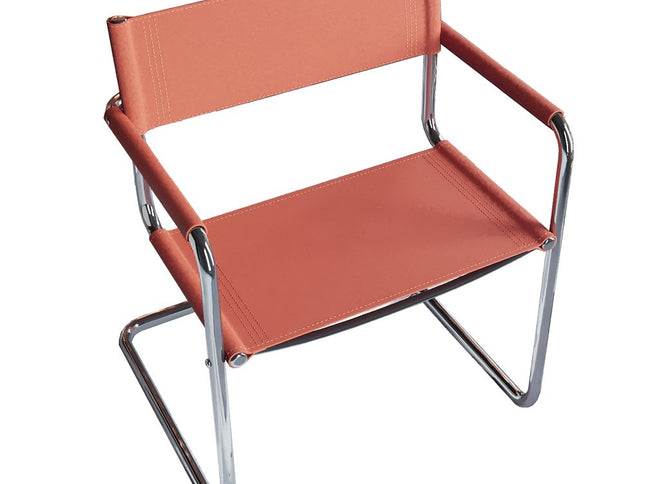 23" Silver And Terra Cotta Leather and Stainless Steel Arm Chair