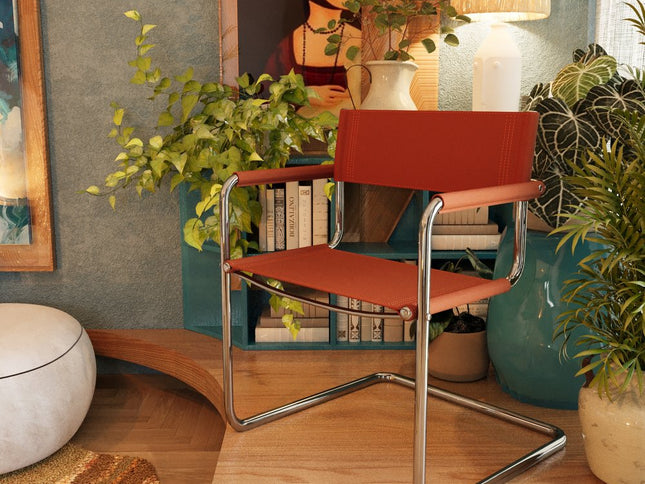 23" Silver And Terra Cotta Leather and Stainless Steel Arm Chair