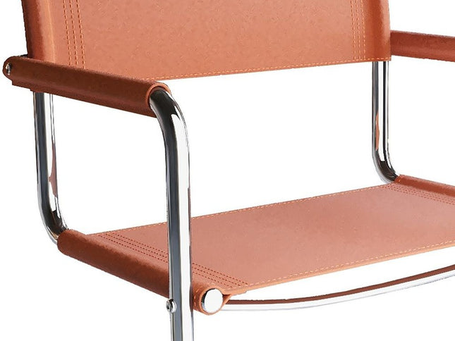 23" Silver And Terra Cotta Leather and Stainless Steel Arm Chair