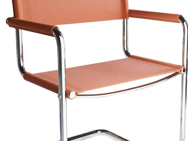 23" Silver And Terra Cotta Leather and Stainless Steel Arm Chair