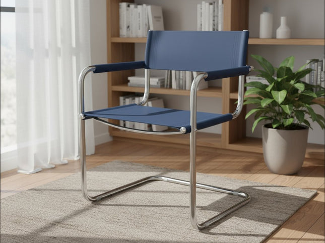 23" Navy Blue and Silver Leather and Stainless Steel Arm Chair