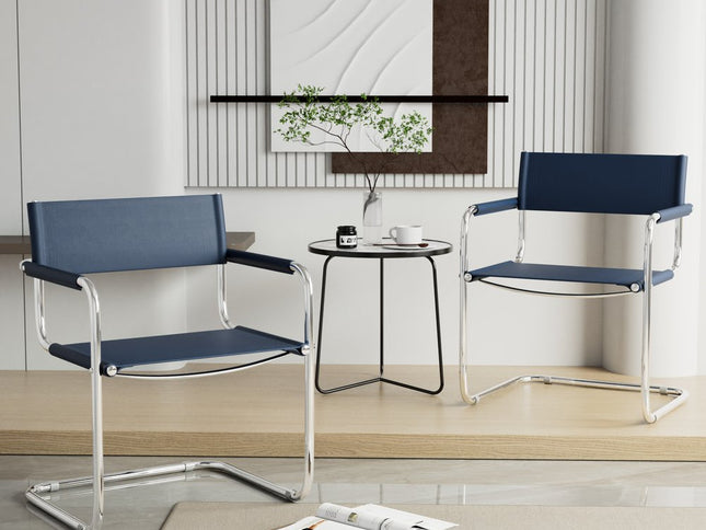 23" Navy Blue and Silver Leather and Stainless Steel Arm Chair