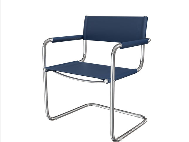 23" Navy Blue and Silver Leather and Stainless Steel Arm Chair