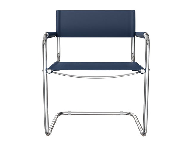 23" Navy Blue and Silver Leather and Stainless Steel Arm Chair