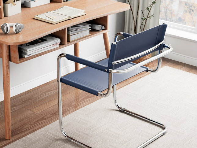 23" Navy Blue and Silver Leather and Stainless Steel Arm Chair