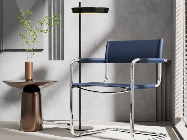 23" Navy Blue and Silver Leather and Stainless Steel Arm Chair