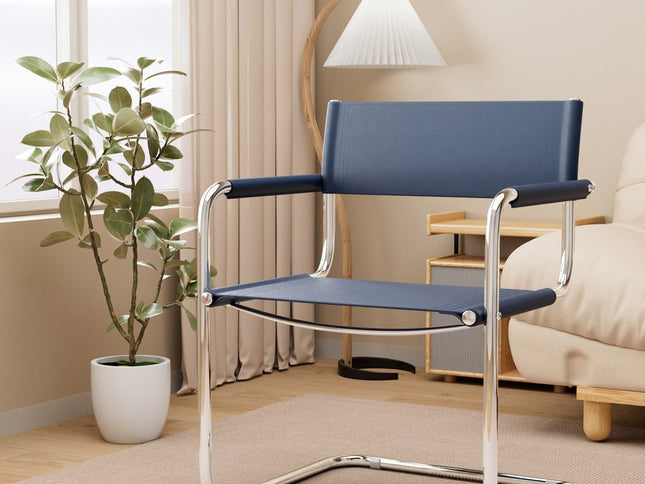 23" Navy Blue and Silver Leather and Stainless Steel Arm Chair