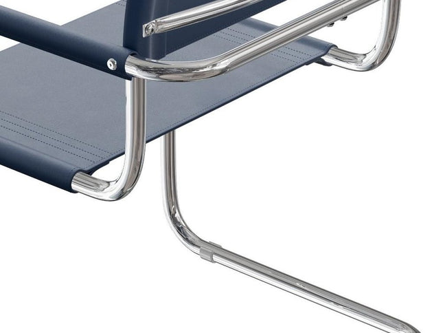 23" Navy Blue and Silver Leather and Stainless Steel Arm Chair