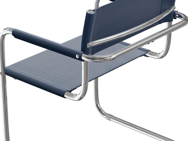 23" Navy Blue and Silver Leather and Stainless Steel Arm Chair