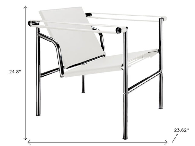 24" White and Silver Faux Leather and Stainless Adjustable Back Arm Chair