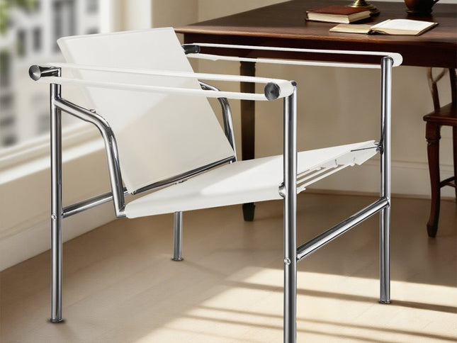 24" White and Silver Faux Leather and Stainless Adjustable Back Arm Chair