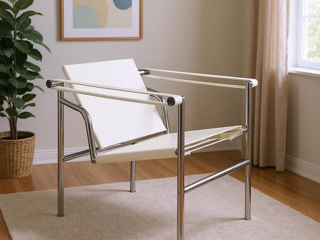 24" White and Silver Faux Leather and Stainless Adjustable Back Arm Chair