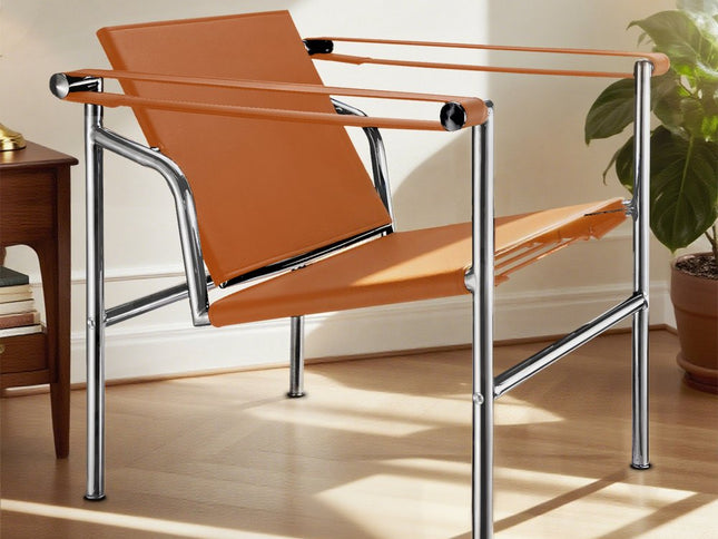 24" Terra Cotta and Silver Faux Leather and Stainless Adjustable Back Arm Chair