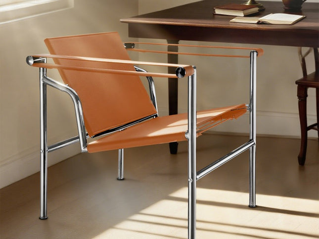 24" Terra Cotta and Silver Faux Leather and Stainless Adjustable Back Arm Chair