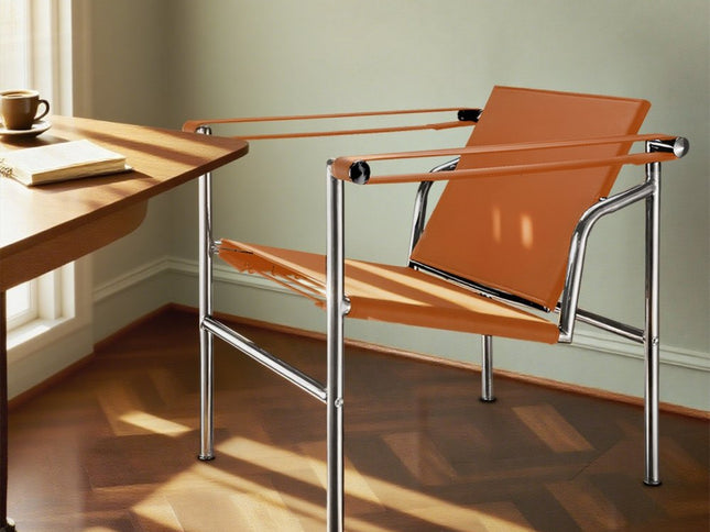 24" Terra Cotta and Silver Faux Leather and Stainless Adjustable Back Arm Chair