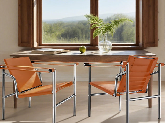 24" Terra Cotta and Silver Faux Leather and Stainless Adjustable Back Arm Chair