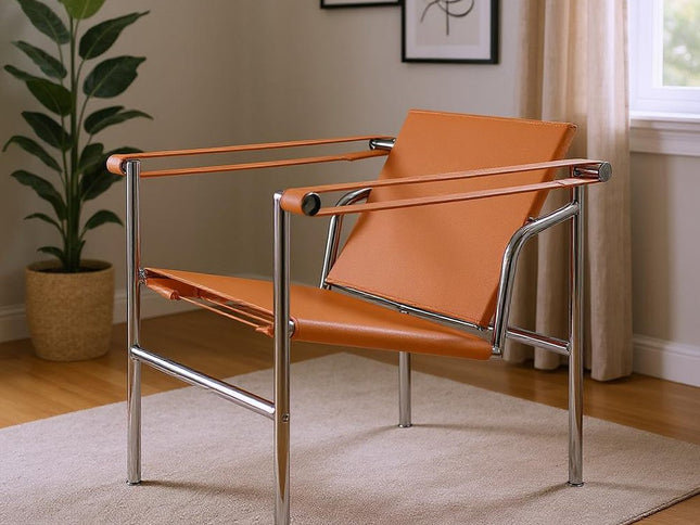 24" Terra Cotta and Silver Faux Leather and Stainless Adjustable Back Arm Chair