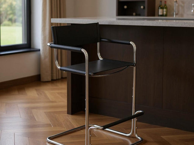 30" Black and Silver Leather and Steel Bar Height Bar Chair