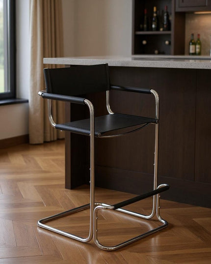 30" Black and Silver Leather and Steel Bar Height Bar Chair
