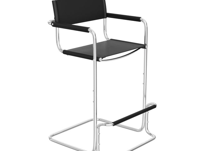 30" Black and Silver Leather and Steel Bar Height Bar Chair
