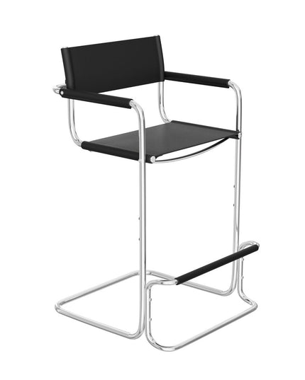 30" Black and Silver Leather and Steel Bar Height Bar Chair