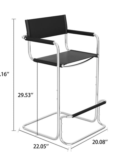 30" Black and Silver Leather and Steel Bar Height Bar Chair