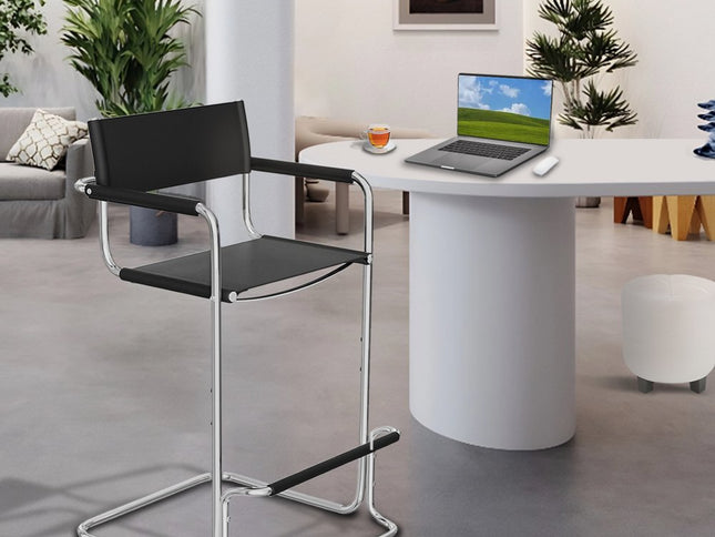 30" Black and Silver Leather and Steel Bar Height Bar Chair