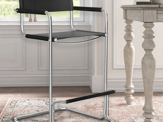 30" Black and Silver Leather and Steel Bar Height Bar Chair