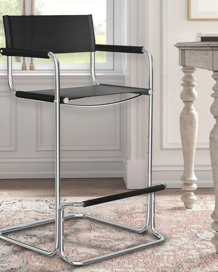 30" Black and Silver Leather and Steel Bar Height Bar Chair