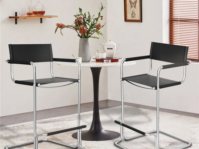 30" Black and Silver Leather and Steel Bar Height Bar Chair