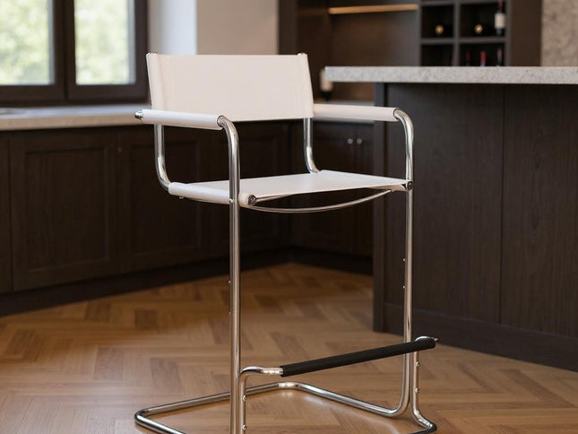 30" White and Silver Leather and Steel Bar Height Bar Chair