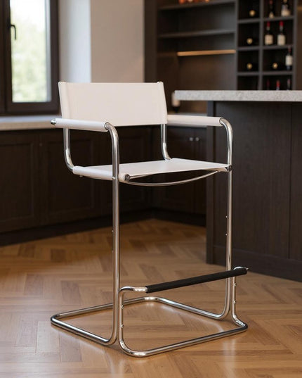 30" White and Silver Leather and Steel Bar Height Bar Chair