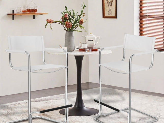 30" White and Silver Leather and Steel Bar Height Bar Chair