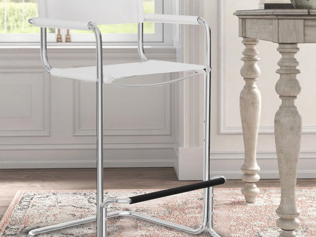 30" White and Silver Leather and Steel Bar Height Bar Chair