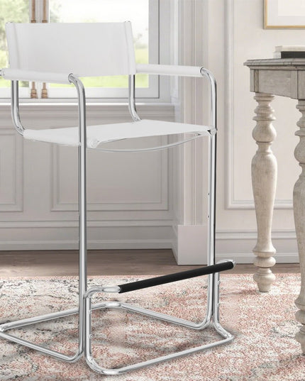 30" White and Silver Leather and Steel Bar Height Bar Chair