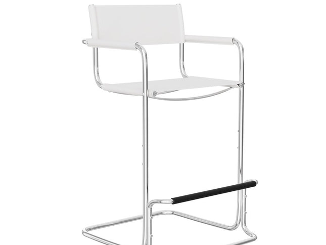 30" White and Silver Leather and Steel Bar Height Bar Chair