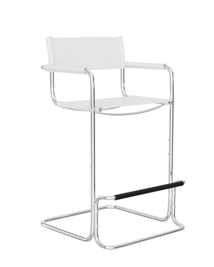 30" White and Silver Leather and Steel Bar Height Bar Chair