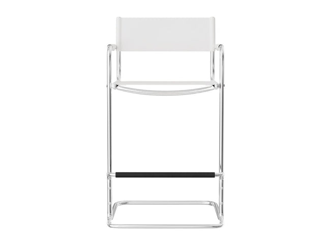 30" White and Silver Leather and Steel Bar Height Bar Chair