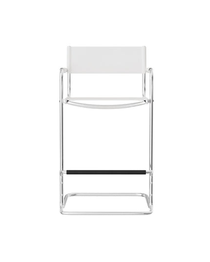 30" White and Silver Leather and Steel Bar Height Bar Chair