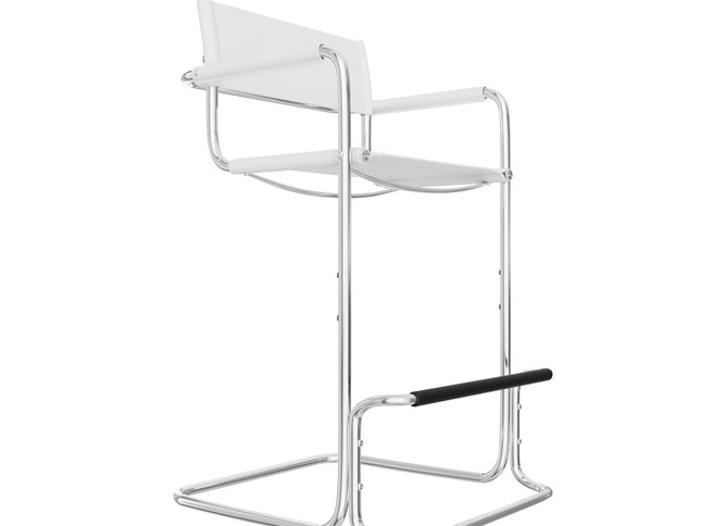 30" White and Silver Leather and Steel Bar Height Bar Chair