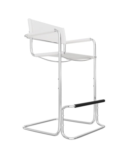30" White and Silver Leather and Steel Bar Height Bar Chair