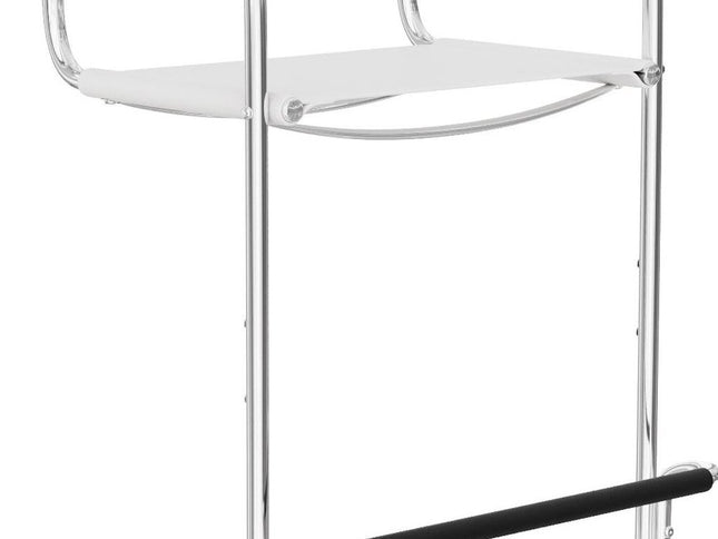 30" White and Silver Leather and Steel Bar Height Bar Chair