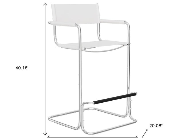 30" White and Silver Leather and Steel Bar Height Bar Chair