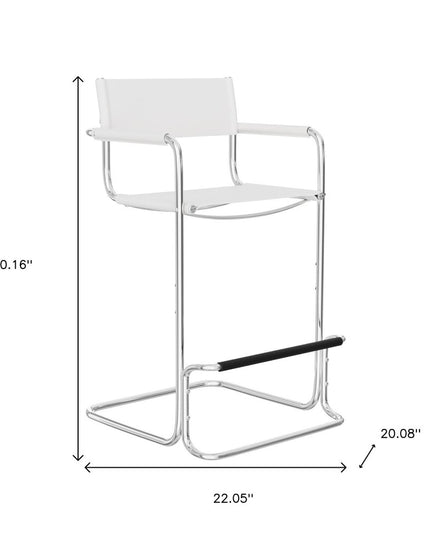 30" White and Silver Leather and Steel Bar Height Bar Chair