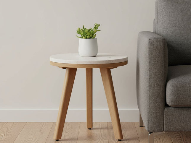 16" White and Natural Faux Marble and Solid Wood Round End Table