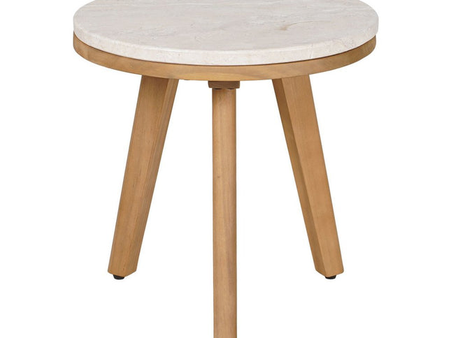 16" White and Natural Faux Marble and Solid Wood Round End Table